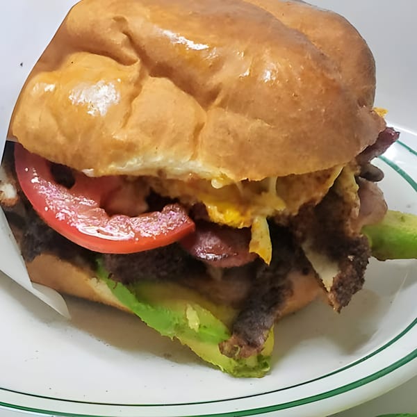 A close-up of a Mexican torta with steak, avocado, tomato, and cheese on a white plate.